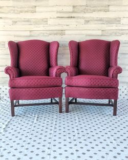 Vtg Paul Robert Large Wingback Chairs Burgundy (Pair)