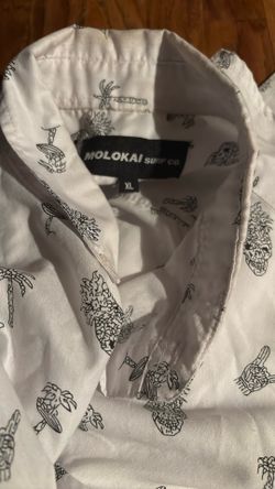 Molokai Surf Co Men's L Button Down Hawaiian Shirt White Pineapple Skulls Xl 