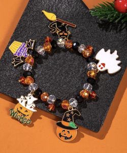 1 pc halloween evil pumpkin lantern and black cat beaded glass bracelet 