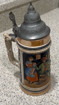 Vintage S.P. Gerz German Beer Stein – 12” Relief Stoneware w/ Pewter Lid