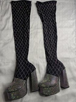 Black Rhinestone Platform Over-the-Knee Boots