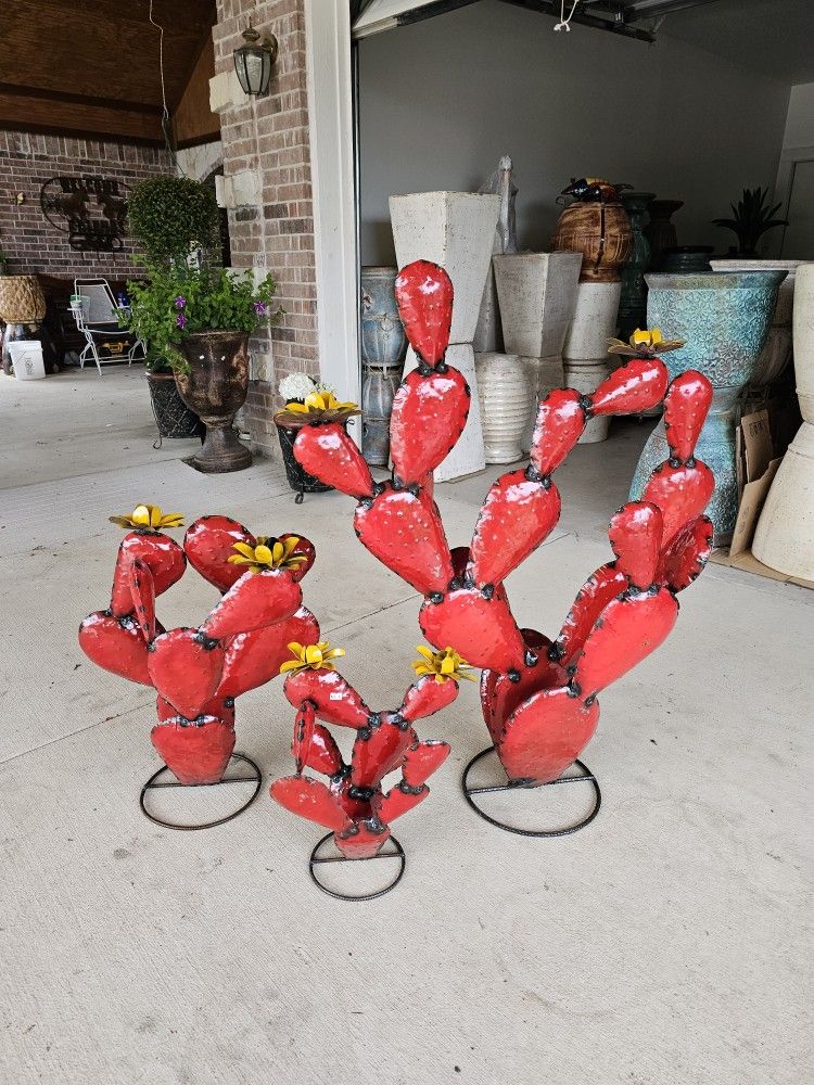 Red Metal Nopal Cactus (Yard Art) Clay Pots, Talavera Planters,Plants, Pottery