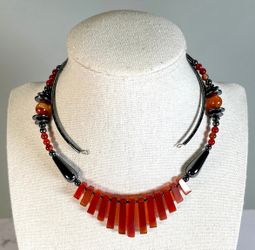 Vintage Red Carnelian Stone Bead & Hematite Metal Brutalist Bib Collar Necklace