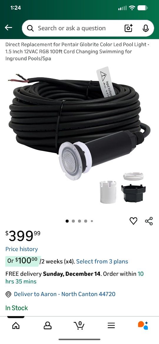 New In the box Direct Replacement Pentair Globrite Color LED Swimming Pool Light 12V 100ft Cord