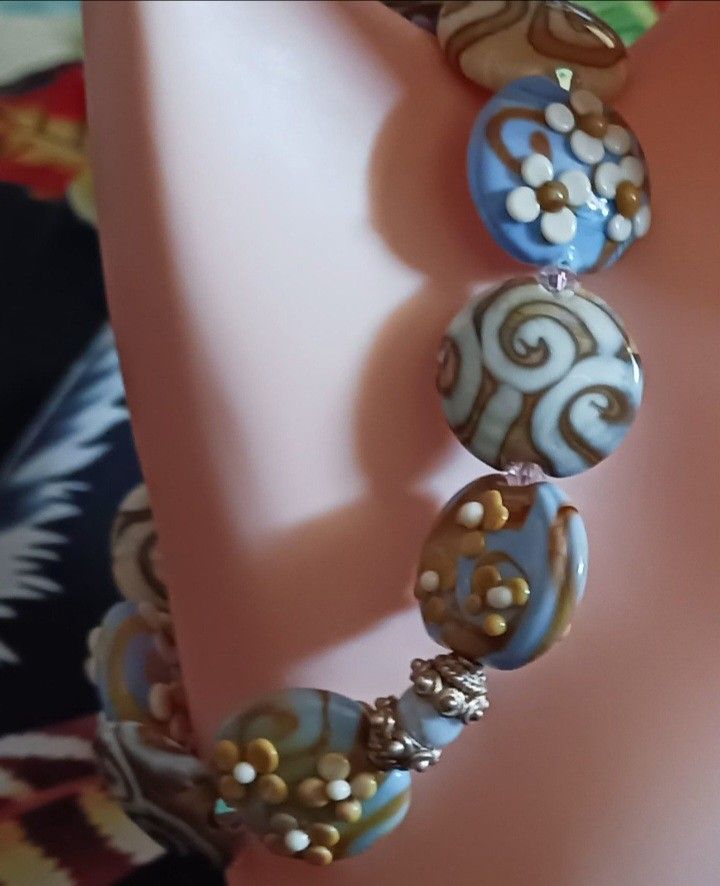 Handmade Flower Lampwork 8" Bracelet And Earrings Set