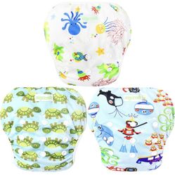 wegreeco Baby & Toddler Snap One Size Adjustable Reusable Baby Swim Diaper (Diving, Ocean, Turtle, Small, 3 Pack)