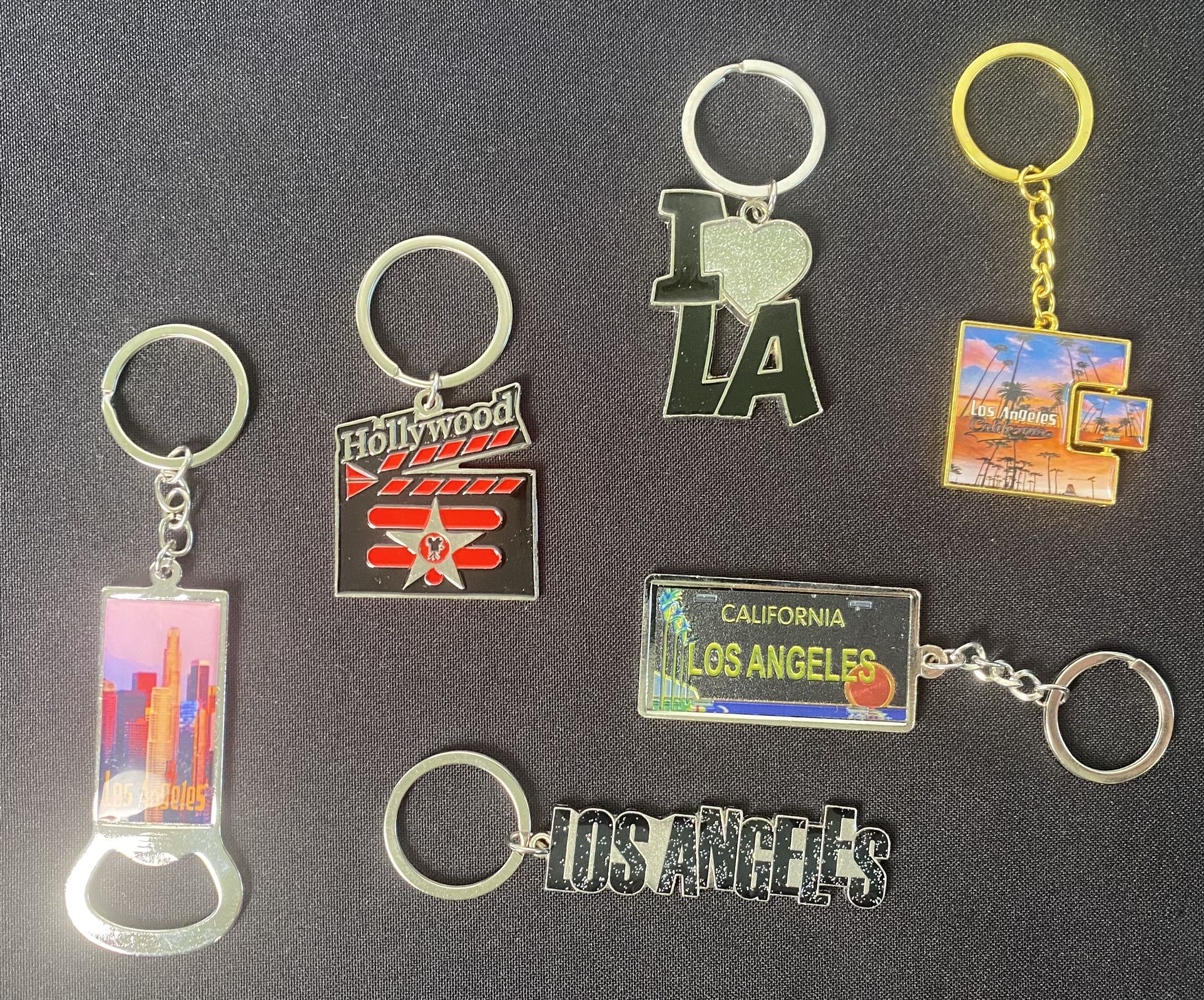 Set of 6 Key Chains Los Angeles California License Plate I Love LA Hollywood Downtown Bottle Opener Palm Trees Souvenirs (Brand New)