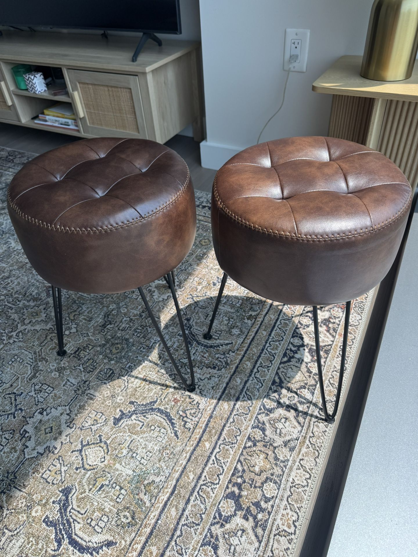 19” Dark Brown Leather Stools / Ottomans (2x)