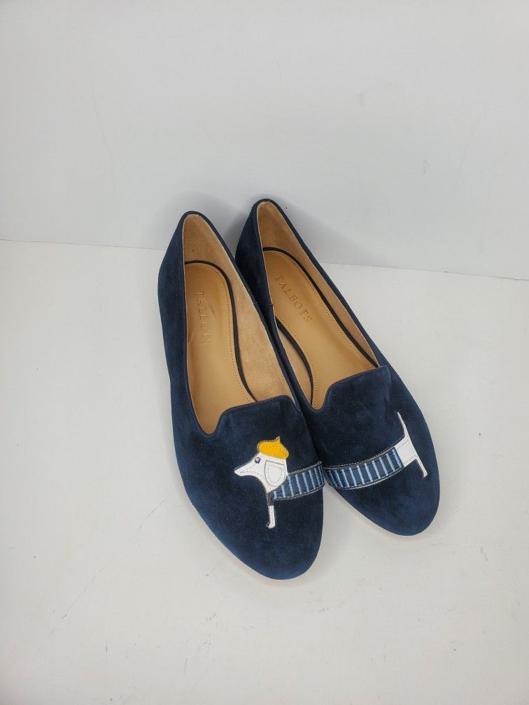 New Talbots Ryan Navy Blue Suede Women's Shoes Flats SlipOns 7.5M Dachshund Dog 