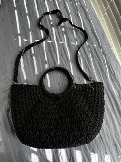 Mali & Lili Charcoal Grey Rattan Straw Semi-Circle Handbag - Convertible Strap $25 OBO