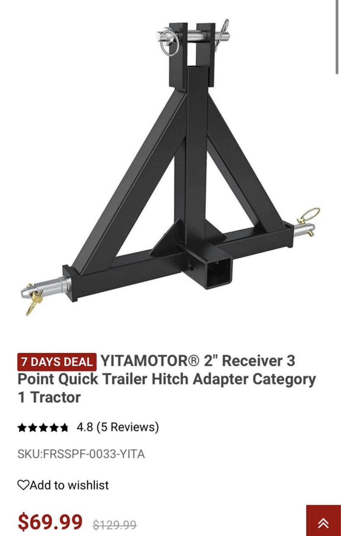 YITAMOTOR® 2" Receiver 3 Point Quick Trailer Hitch Adapter Category 1 Tractor