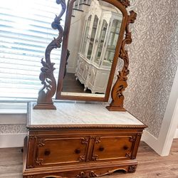Antique American Rococo Revival Mirrored Entryway Piece Vanity Carved Dresser with Solid Marble Top, Late 1800s