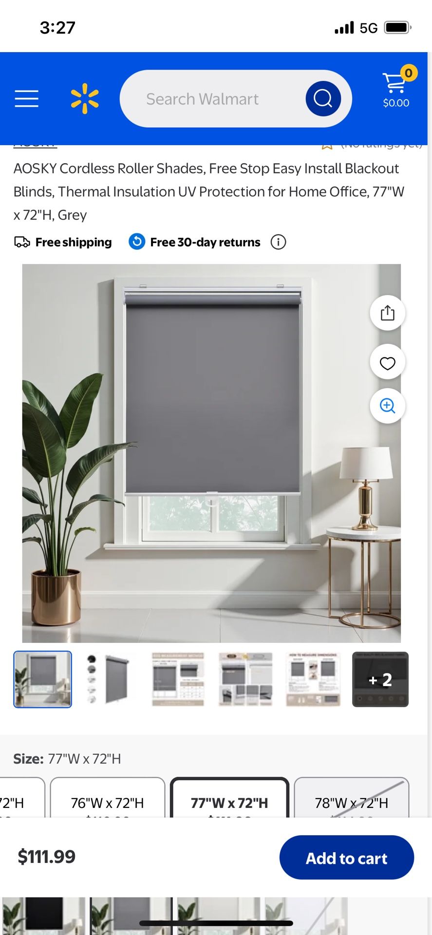 AOSKY Cordless Roller Shades, Free Stop Easy Install Blackout Blinds, Thermal Insulation UV Protection for Home Office, 77"W x 72"H, Grey