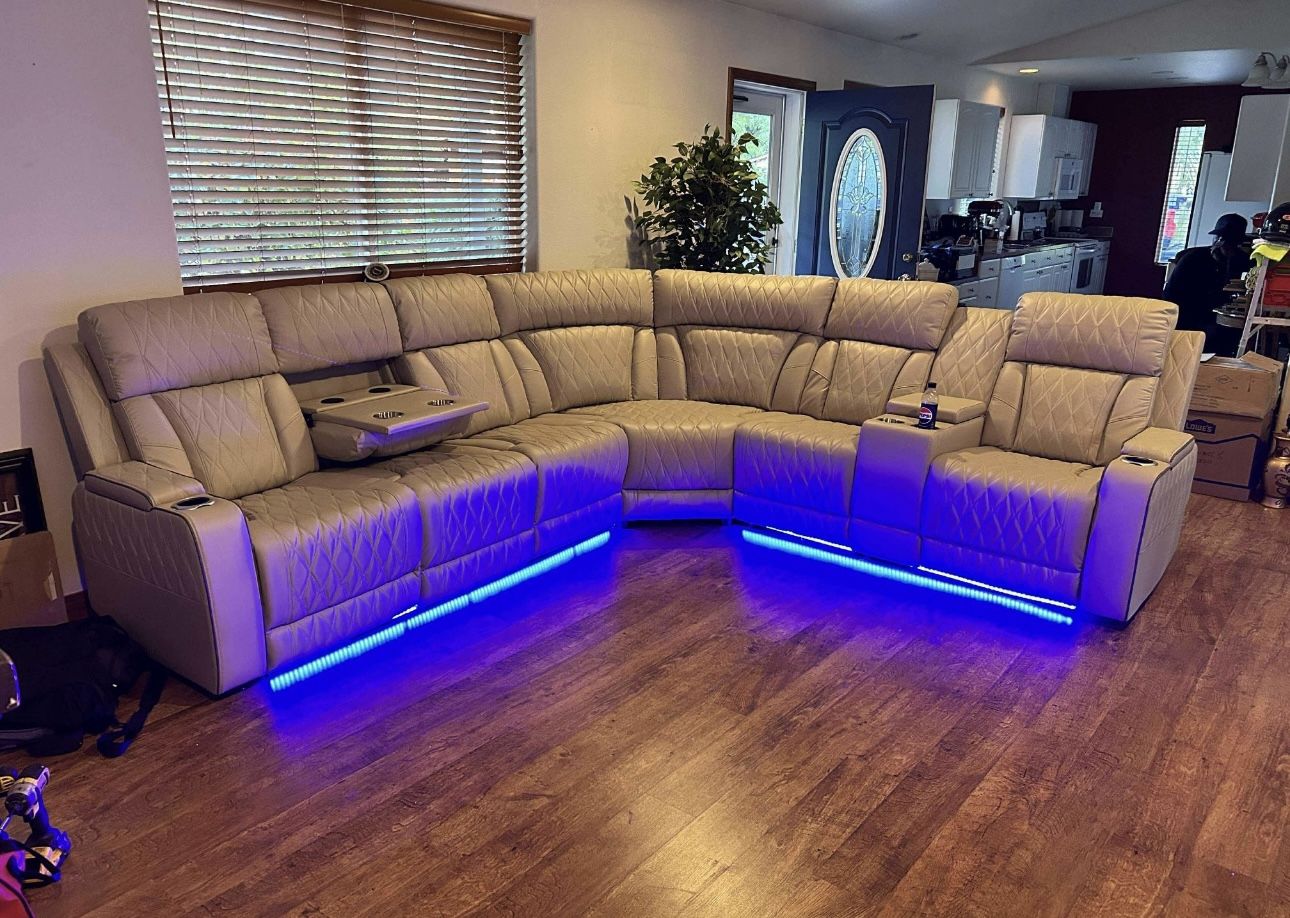 Power Electric Beige Leather Fully Reclining Sectional Couch 