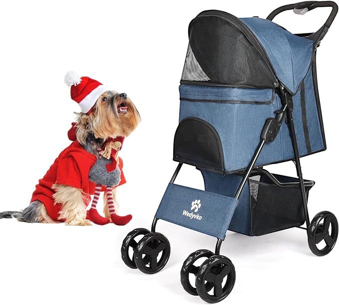 Upgrade Pet Dog Stroller, Handle 360° Wheel Foldable Dogs Stroller with Storage Basket and Cup Holder for Small Medium Dogs & Cats (Navy)