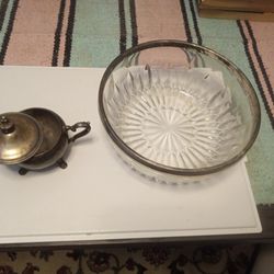 A Vintage Silver Rim Crystal Bowl And Silver Plated Sugar Bowl