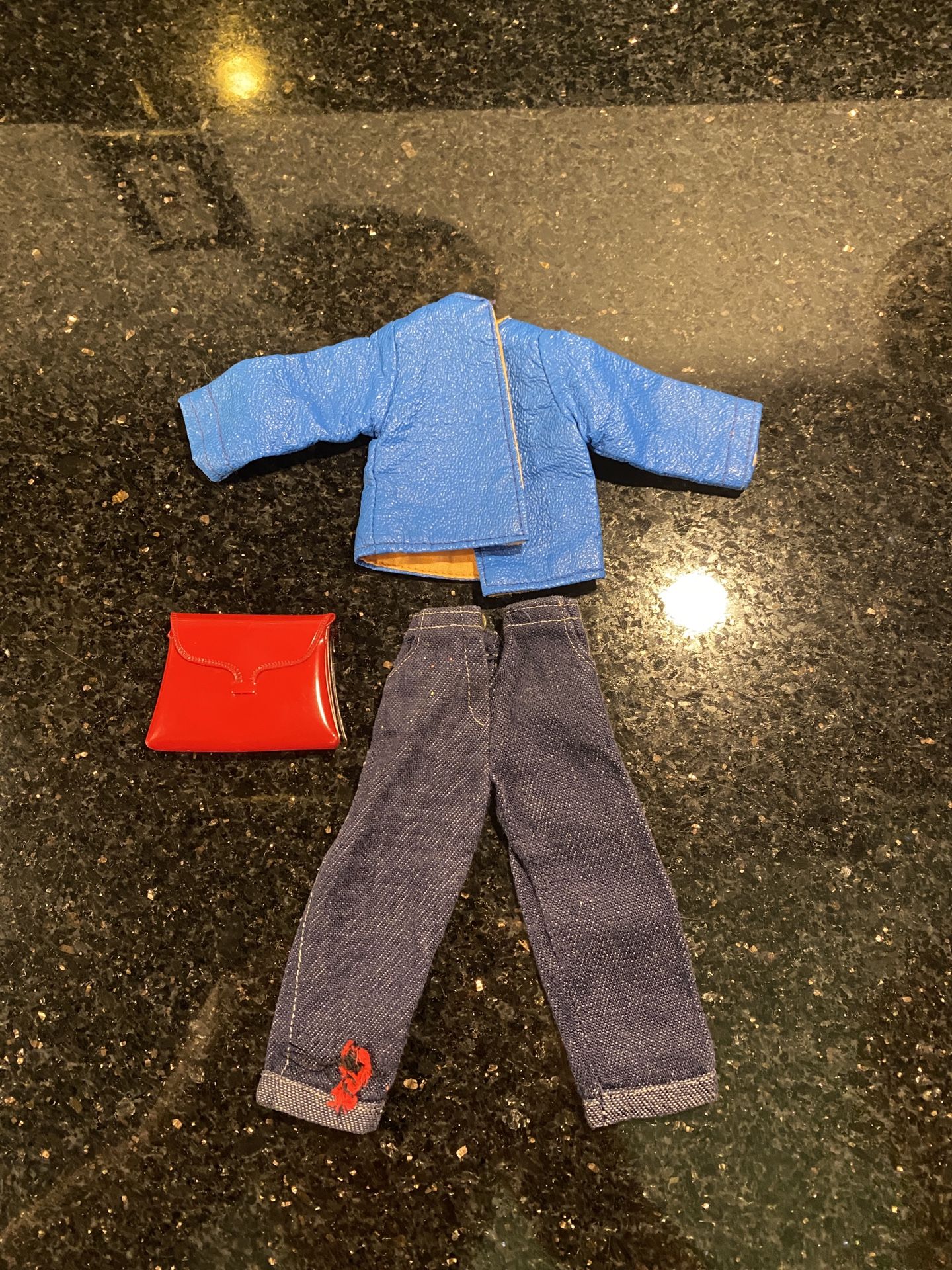 Vintage Blue Pleather Leather Jacket, Denim Jeans & Red Handbag for Barbie Dolls