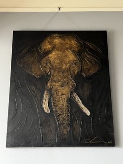 Large Textured Painting On Canvas Gold And Black Elephant Signed 