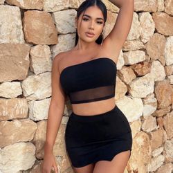 Black  Crop Top Mini Skirt Set 