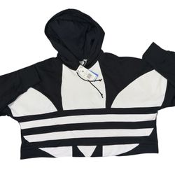 Adidas Big Logo Hoodie Women’s MED Black White Hood 100% Cotton CROP NWT