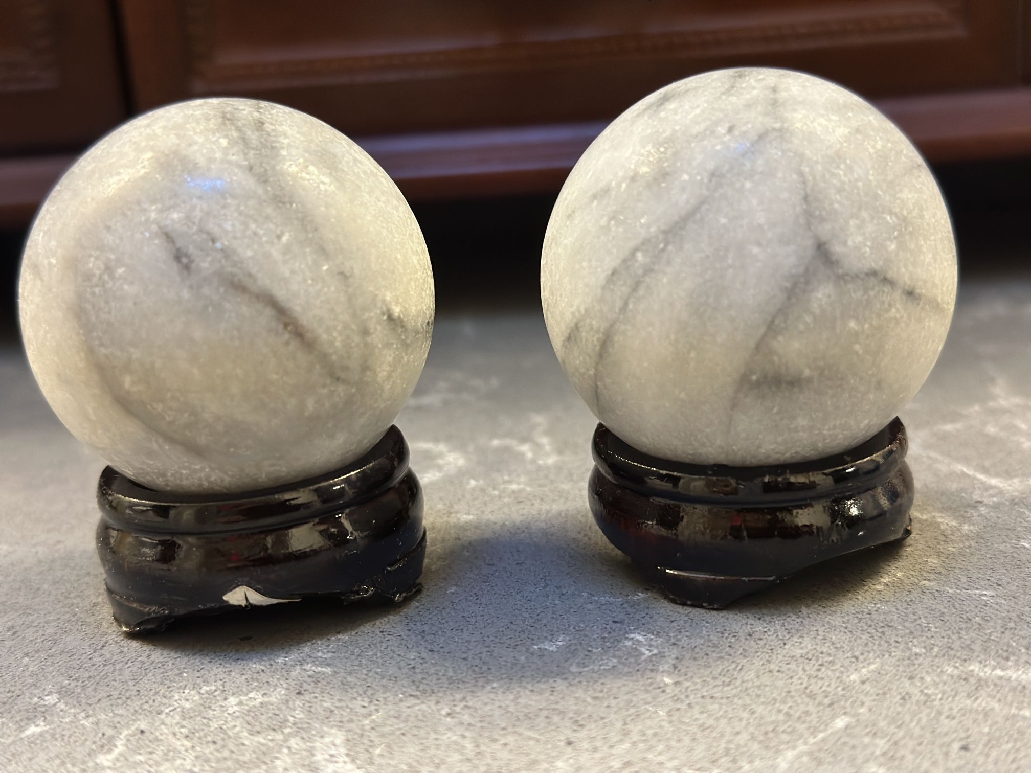 Natural Polished Marble Quartz Granite Orb With Wooden Stand- One Pair