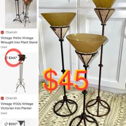 $45 Mid-century art deco wrought iron & glass candle holder /plant holder set