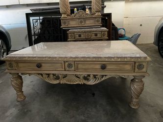 Ornate Marble Top Coffee Table with Drawers