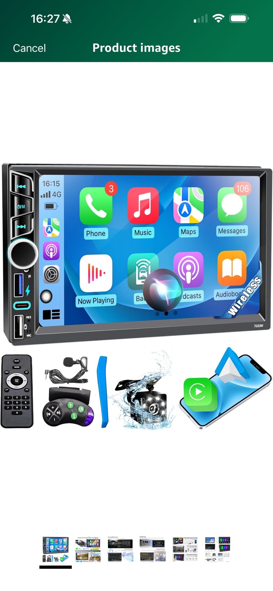 Brand New Unopened   7" Double Din Car Stereo with Wireless Apple CarPlay&Android Auto,180W Outputs, Bluetooth 5.2/FM/USB-C/38W Fast Charge/Physical K
