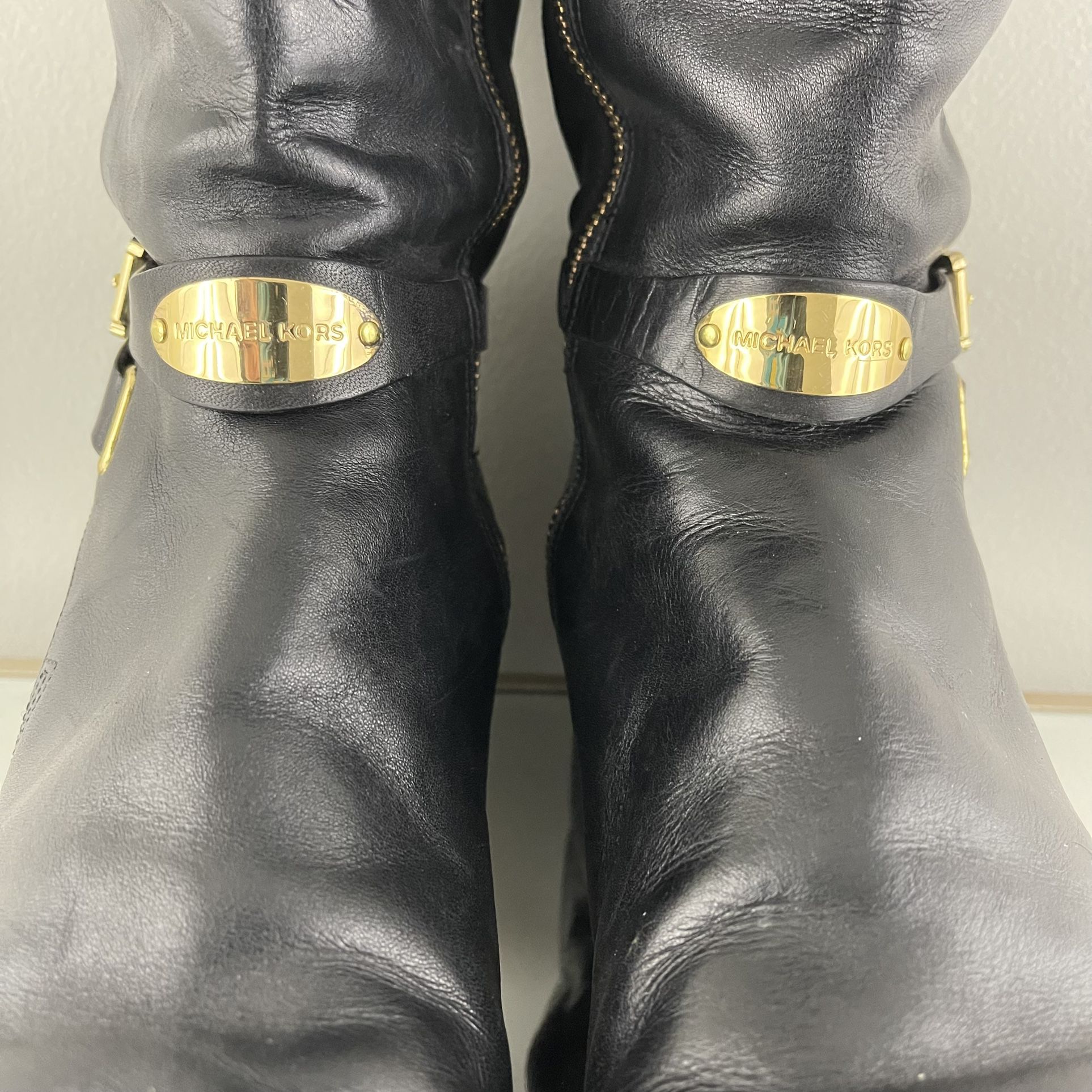 MICHAEL KORS Black Leather Gold Hardware Buckle Arley Knee High Riding Boots