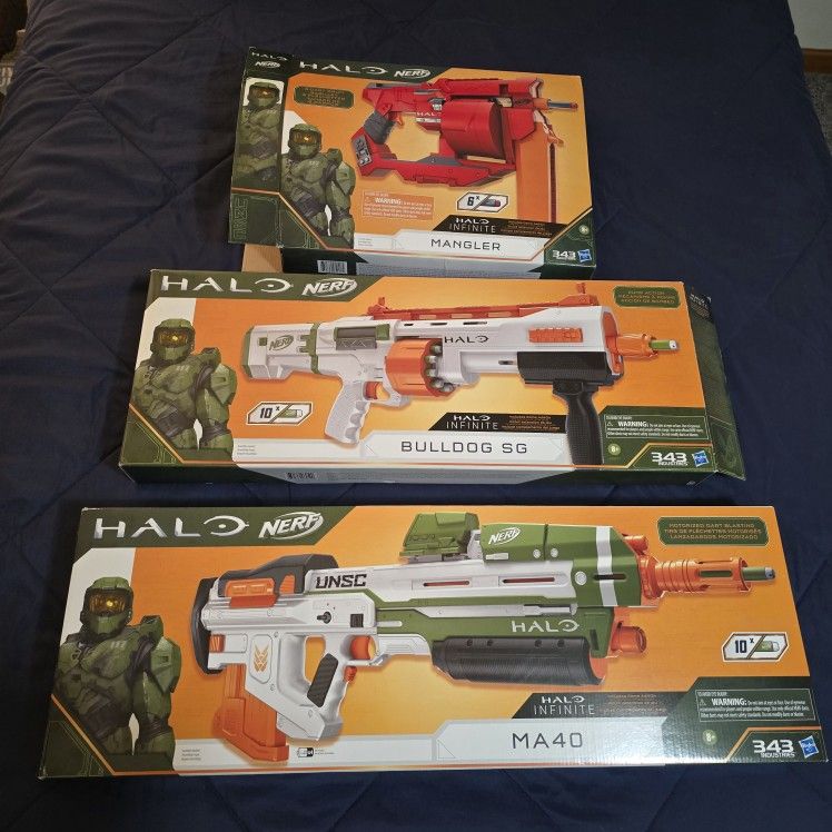 OPENED/NEW NEVER USED Halo Infinite Nerf Guns (Assault Rifle, Bulldog & Mangler)