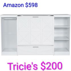 Bedside Shelves and Wardrobe, Wood Wall Bed Frame with Multiple Storage  (White)