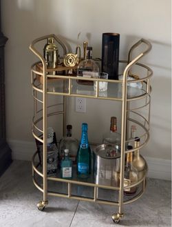 Gold Metal Bar Cart with Glass Shelves