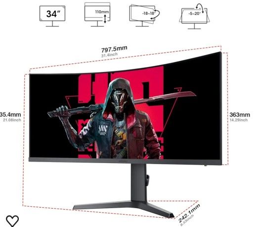 KOORUI 34 Inch Ultrawide Curved Gaming Monitor 165HZ, 1ms, 1000R, WQHD 3440 * 1440, 21:9, DCI-P3 90% Color Gamut, Adaptive Sync Compatible, Tilt/Heigh