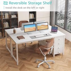 Lufeiya White Computer Desk with Drawers - 47 Inch Long Study Work Writing Desk for Home Office Bedroom, Simple Modern Cute PC Desks with Fabric Drawe