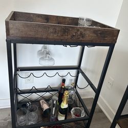 Industrial Bar Cart w/ Wine Rack & Glass Holder – Rustic Rolling Cart