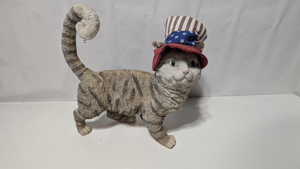 10x10" Patriotic Cat Statue with American Flag Hat Resin Figurine Fourth of July Decor