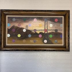 Wooden Framed Painting of bridge with mountains