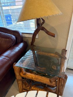 Rustic Driftwood Lamp + Glass Top End Table - Unique Statement Piece