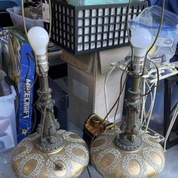 Pair Of Beautiful Vintage Brass and Gold Trim Globe 36” tall Table Lamps.   