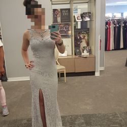 Silver Grey Lace Formal Dress With Slit 