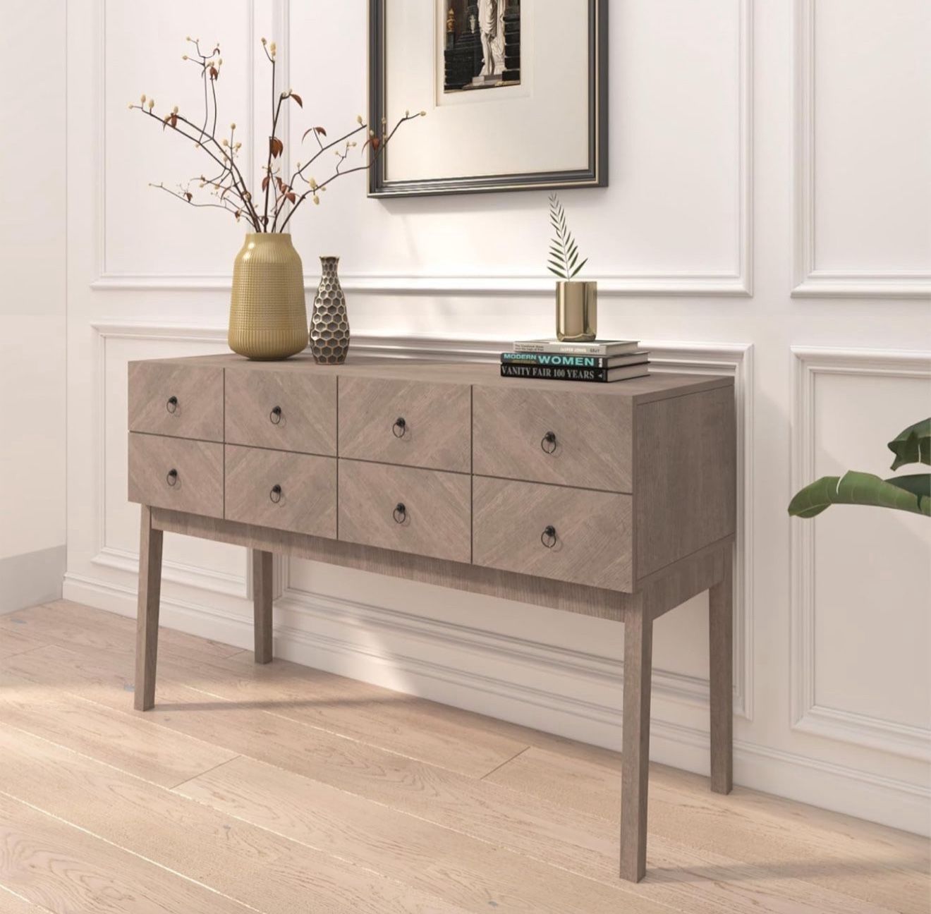 47” Modern Console Table with 4 Doors, Diamond Look Door Panel, Retro Sideboard Buffet Cabinet, Multi-use Sofa Table