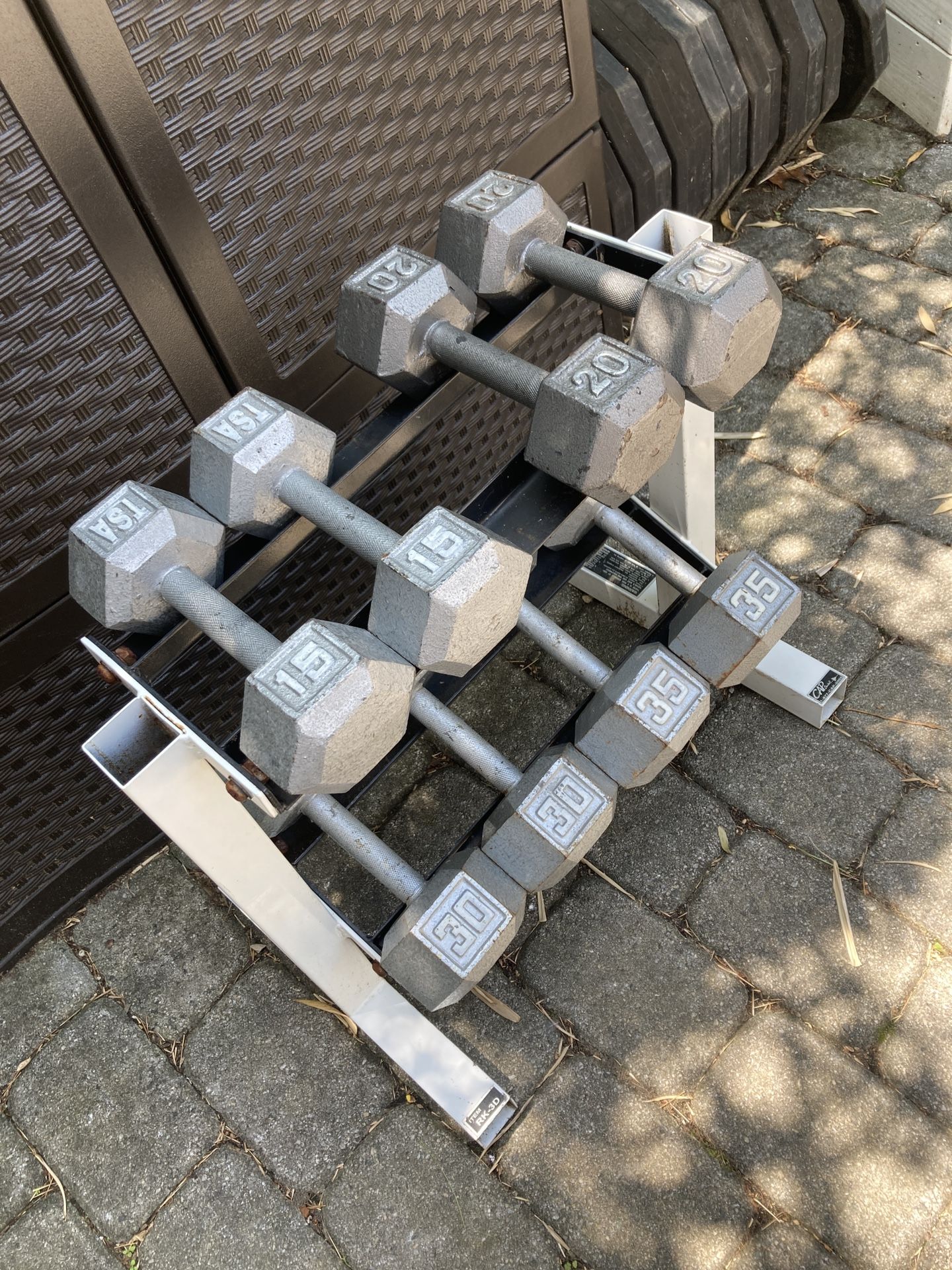 Set Of Steel Hex Dumbbells From 15 To 35 Lbs With Two Tier Rack