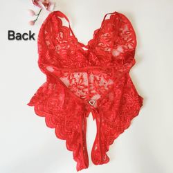 Red lace mesh ladies womens floral flower bodysuit crotchless pajama lounge wear lingerie Gift