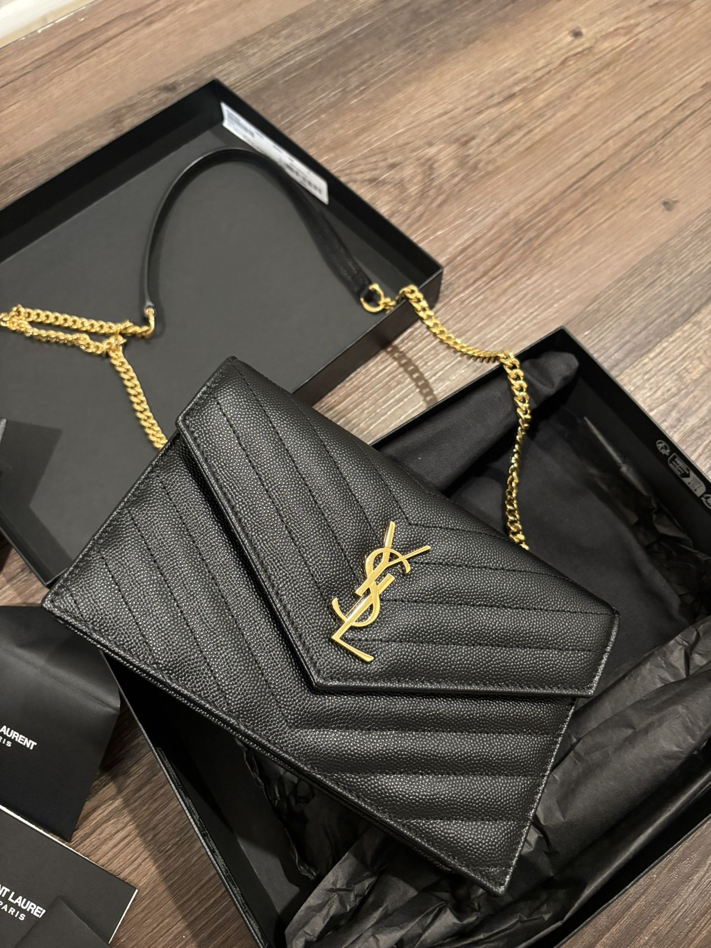 YSL Cassandra Envelope Chain Wallet - Gold