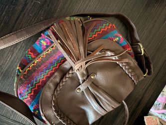 Boho Leather & Woven Textile Crossbody Bag