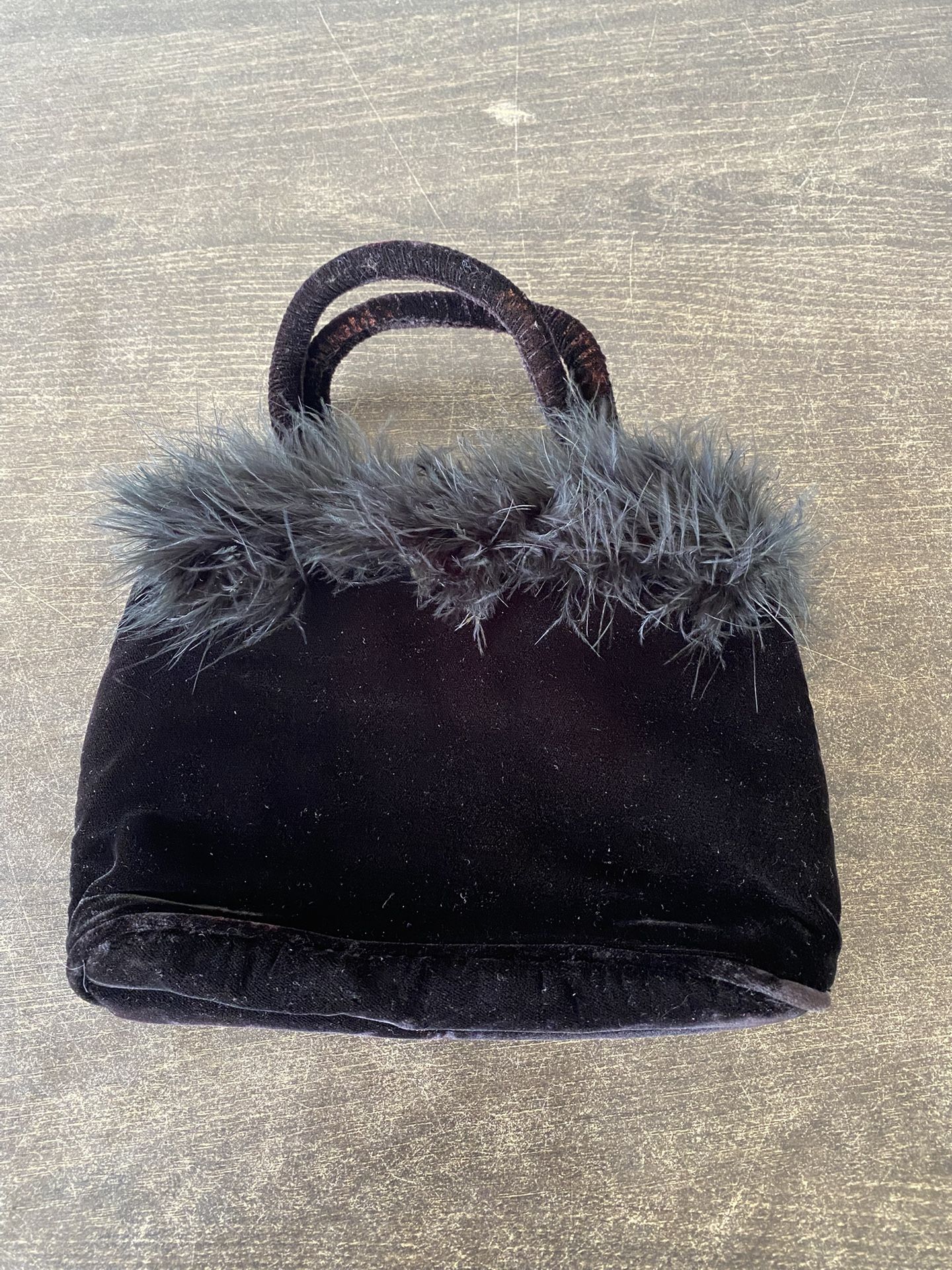 2000s Gap Mini Top Handle Black Velvet Purse with Faux Feathers