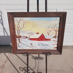 Small vintage framed winter red barn farm oil on panel board signed Mary Busse