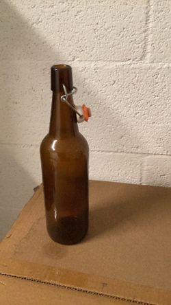 6 Glass Beverage bottles w/attached stoppers