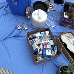 Yard Sale, Various Items. Computer Items. Coffee Maker With Tricky Latch. Old Rice Cooker.