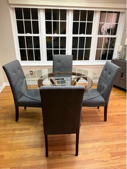 Stunning 53” Contemporary Round Glass Dining Set with 4 Tufted Grey Chairs